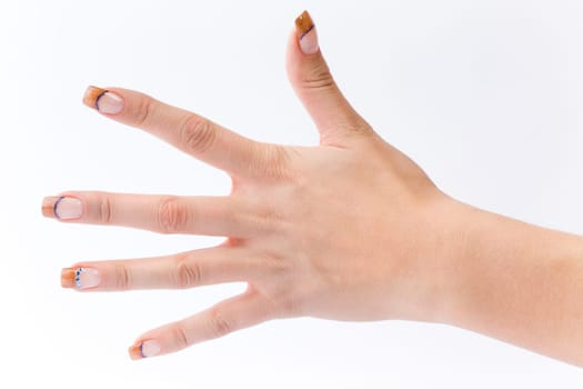 Beautiful female well-groomed colorful fingernails against white background