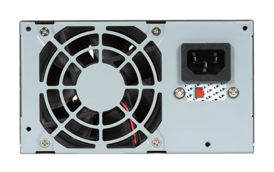 Computer power supply and fan isolated over a white background