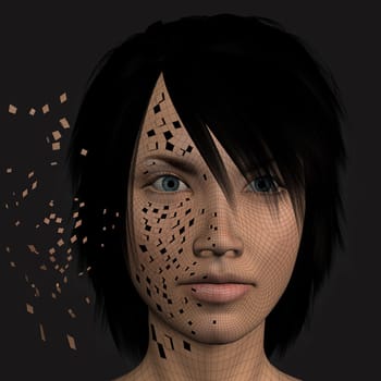 Wired woman uploading personal data to the internet. Futuristic 3d illustration.