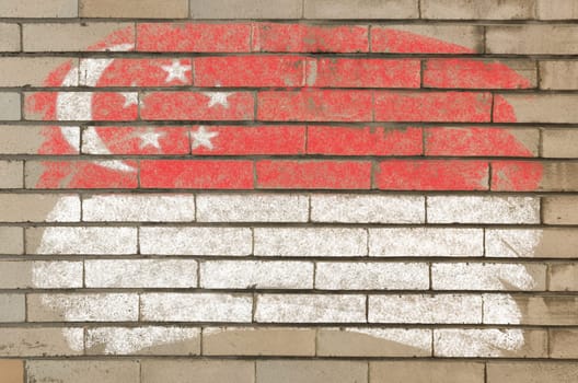 Chalky singapore flag painted with color chalk on grunge old brick wall