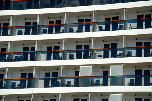 cruise ship with a view of the staterroms with outdoor views
