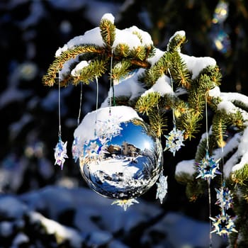 christmas ball in a tree with snow on december