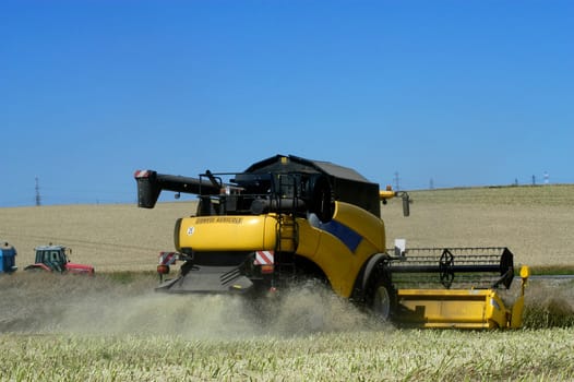 The harvest of colza with machines like a reaping-machine threshing-machine and tractor