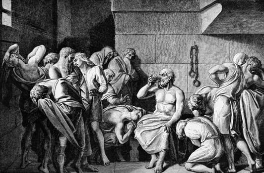 Socrates Drinking The Conium. Engraved by unknown engraver and published in Pictorial History Of The Worlds Great Nations, United States, 1882.