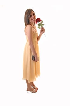 Lovely young woman in a yellow long dress with her purse in her hand  and a red rose she smells, in high heels for white background.