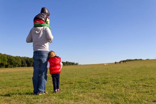 Father and his children watch a flock of sheep in the pasture