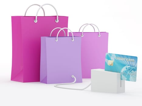 Isolated shopping bags with blue credit card - 3D Render  Note: All Devices design and screen interface graphics of this picture are designed by the contributor him self.