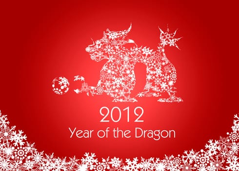 2012 Chinese New Year Dragon with Snowflakes Pattern on Red Background