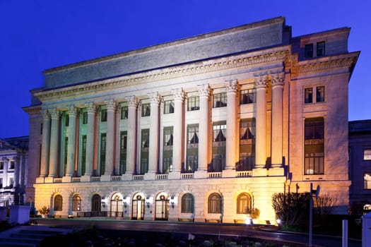 Department of Agriculture office building in Washington DC at night