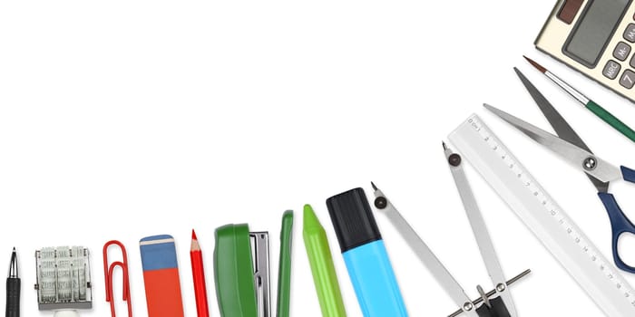 A collage of office supplies on a white background