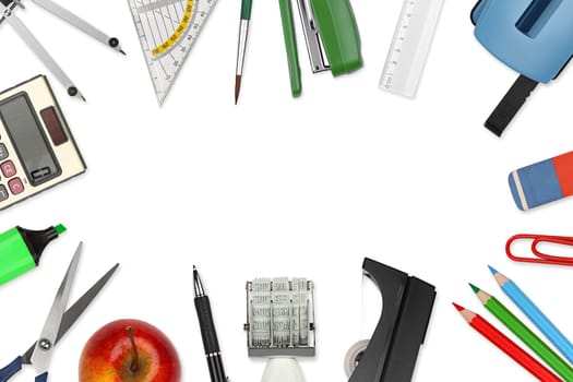 A collage of office supplies on a white background
