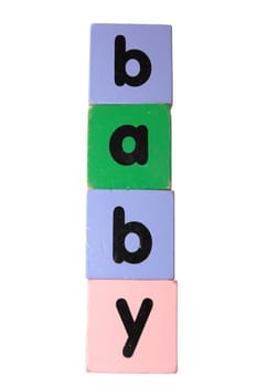 assorted childrens toy letter building blocks against a white background that spell baby with clipping path