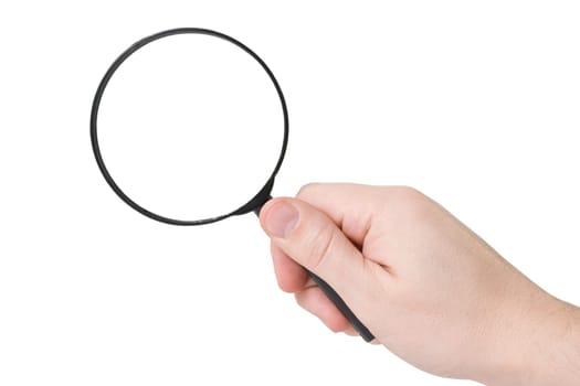 Magnifying glass in hand isolated on white background