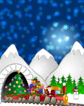 Santa Claus and Reindeer Delivering Gifts in Red Train with Snowman and Christmas Tree  in Winter Scene Illustration