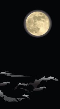 realistic moon at dark night background, with shades of clouds