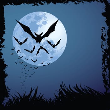 illustrations of halloween night with bats flying over blue moon, with grunge style.