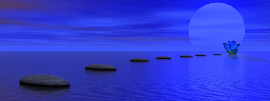Indigo chakra of grey stones steps upon the ocean and going to a lily flower by sunset