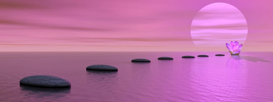 Violet chakra of grey stones steps upon the ocean and going to a lily flower by sunset