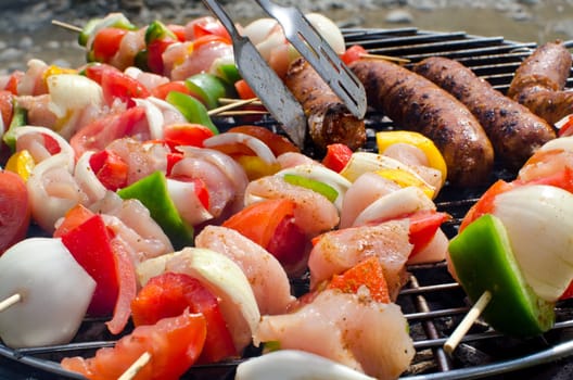 Skewers cooking on barbeque