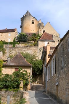 Castelnaud, the village and its castle. French village in the Perigord region where the war took place 100 years