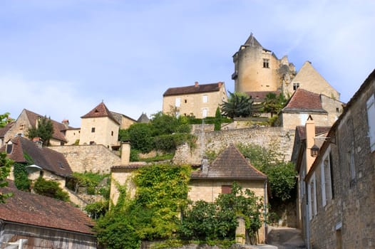 Castelnaud, the village and its castle. French village in the Perigord region where the war took place 100 years