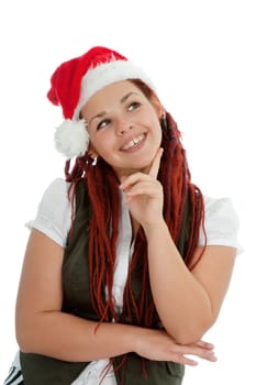 Young modern girl wearing Santa Claus hat isolated on white background.