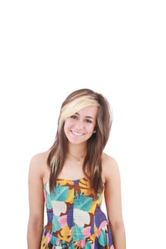 portrait of attractive smile teenage girl with white teeth, brown long hair, isolated over white background concept of happy student, young pretty woman