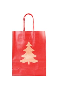 red  paper bag with christmas tree symbol. isolated on  white background