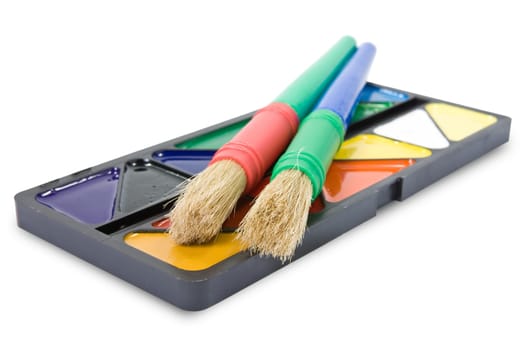 water paint with two brushes over a white background