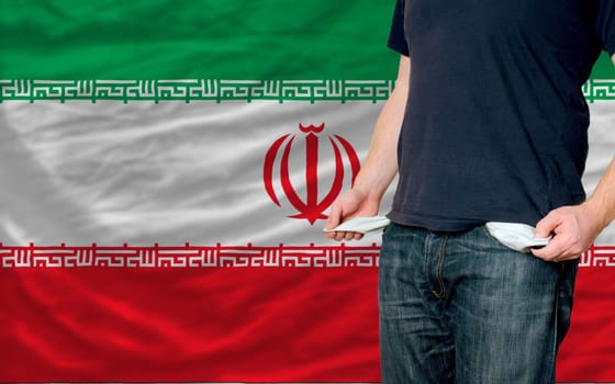 poor man showing empty pockets in front of iran flag
