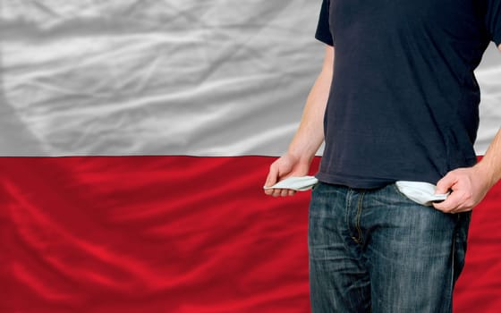 poor man showing empty pockets in front of poland flag