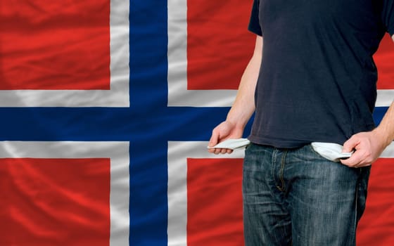poor man showing empty pockets in front of norway flag