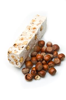 nougat with hazelnut on white background