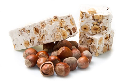 nougat with hazelnut on white background