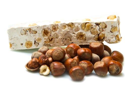 nougat with hazelnut on white background