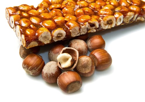hazelnut brittle on white close up