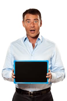 one surprised caucasian business man holding a blackboard copy space message in studio isolated on white background