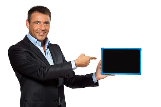 one caucasian business man pointing blackboard message copy space in studio isolated on white background