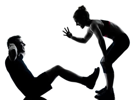 one couple man woman exercising workout aerobic fitness posture full length silouhette on studio isolated on white background