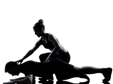 one couple man woman exercising workout aerobic fitness posture full length silouhette on studio isolated on white background