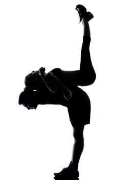 one couple man woman exercising workout aerobic fitness posture full length silouhette on studio isolated on white background
