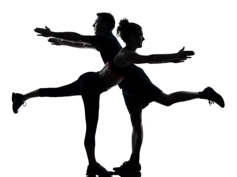 one couple man woman exercising workout aerobic fitness posture full length silouhette on studio isolated on white background