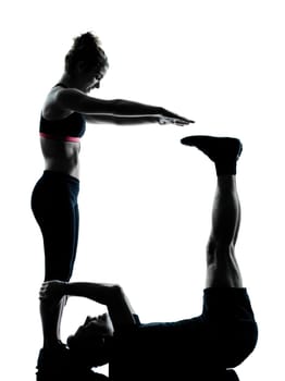 one couple man woman exercising workout aerobic fitness posture full length silouhette on studio isolated on white background