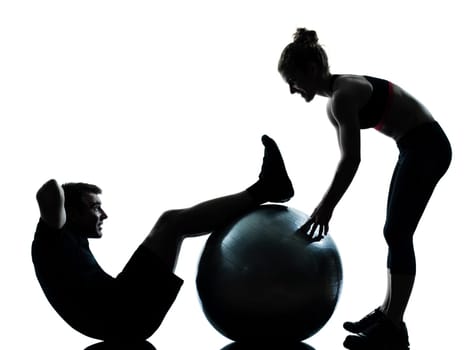 one couple man woman exercising workout aerobic fitness posture full length silouhette on studio isolated on white background