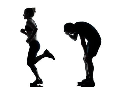 one couple man woman exercising workout aerobic fitness posture full length silouhette on studio isolated on white background