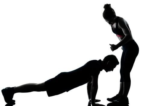 one couple man woman exercising workout aerobic fitness posture full length silouhette on studio isolated on white background