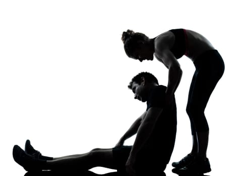 one couple man woman exercising workout aerobic fitness posture full length silouhette on studio isolated on white background