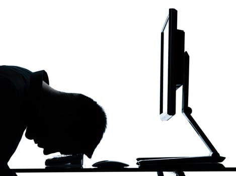 one caucasian business man computer computing sleeping tired portrait silhouette in studio isolated on white background