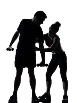 one couple man woman exercising workout aerobic fitness posture full length silouhette on studio isolated on white background