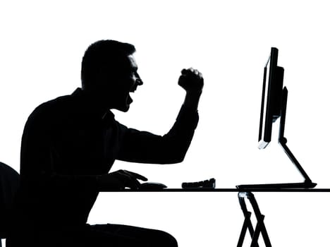 one caucasian business man computer computing happy portrait silhouette in studio isolated on white background